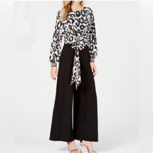 MSK Women’s Size Small Wide Leg Jumpsuit Black White Animal Print Tie Waist